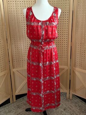 LOFT Red Floral Maxi Dress with Smocked Waist Tie